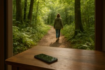 Fototapeta premium Woman enjoying digital detox walking in a green forest while her smartphone lies on a wooden table inside a cabin