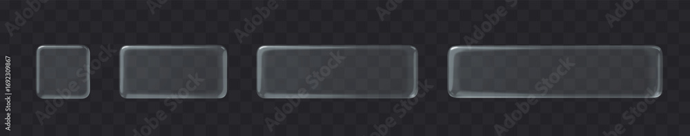 Poster glass rounded square rectangle button set on transparent background. 3d vector realistic ui icon.