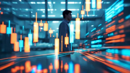 Businessman with futuristic stock market candlestick chart overlay showing digital financial trading environment - Powered by Adobe