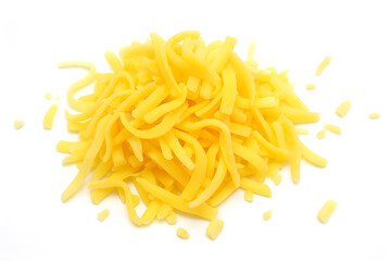 Shredded Cheese Pile Isolated on White Delicious Dairy Ingredient for Cooking Pizza Tacos and Snacks