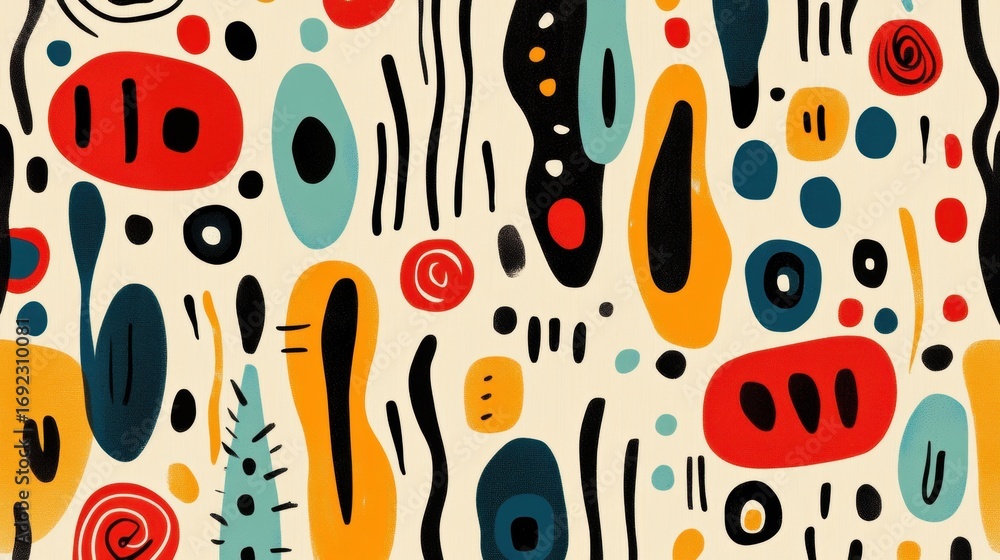Poster Colorful abstract pattern with various shapes and lines on a light background
