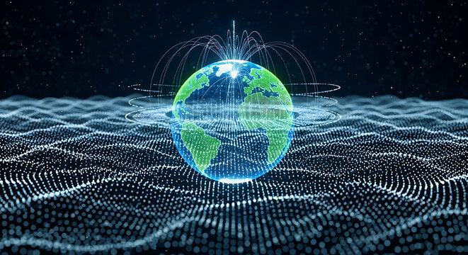 Glowing earth with digital connections on a wavy dotted surface in a dark starry background