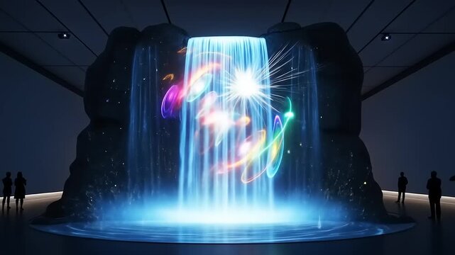 Stunning illuminated waterfall display with colorful light patterns captivating visitors in a modern gallery