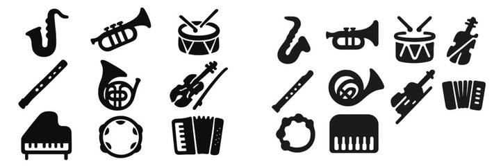 Musical instrument icon set with black silhouettes of saxophone, trumpet, drum, violin, piano, and accordion for music and orchestra concepts