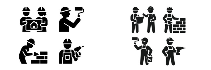 Construction worker and builder icon set showing various building and renovation tasks like painting, drilling, and bricklaying