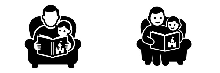 Black and white icon set of a father reading a fairy tale book to his child on an armchair representing family bonding time