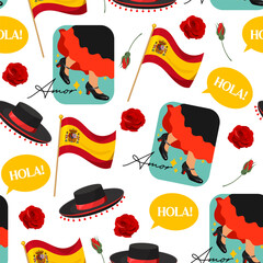 Vector seamless Spanish pattern with national flag, spanish sombrero, roses flower and flamenco dancers isolated on white background. © Elen_Art