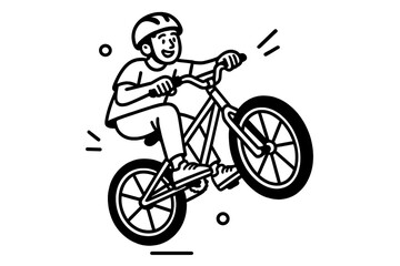 Fototapeta premium Black and white line art of a happy kid in a helmet doing a wheelie trick on a BMX bike in a simple graphic style
