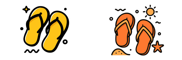 Set of two summer flip-flop icons for beach vacation and travel concepts isolated on a white background