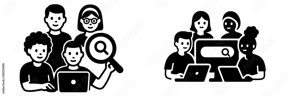 Poster Teamwork and collaboration icons with diverse groups of people using computers for online search and research with a magnifying glass symbol