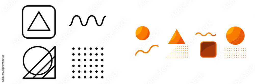 Poster set of modern abstract geometric shapes with gradients and line art icons for graphic design and use