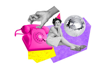 Composite photo collage of puzzled birthday girl wait guests telephone call disco ball occasion...