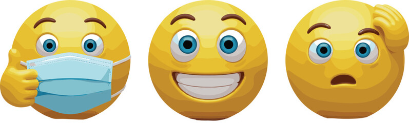 Cartoon emoji illustration, yellow emoticon with medical mask thumbs up, smiling face, shocked surprised expression, vector digital design character art