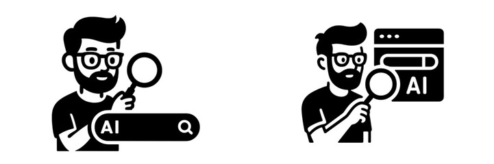 Man with magnifying glass searching for artificial intelligence concepts on a search bar and browser window