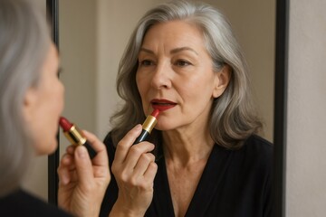 Elegant mature woman with gray hair applying red lipstick while getting ready in front of a mirror