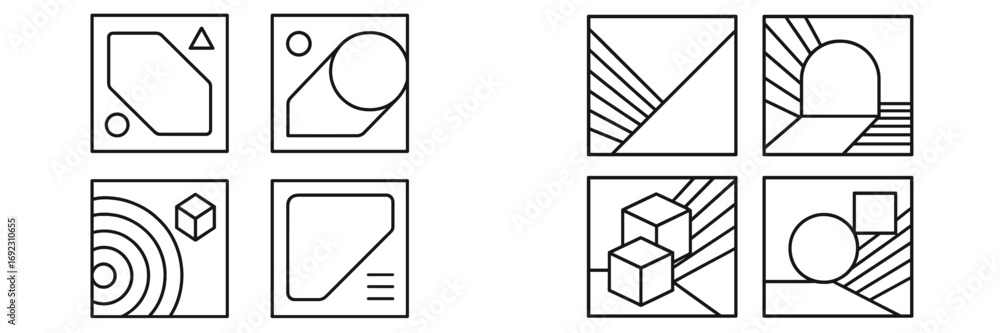 Poster set of minimalist geometric icons with abstract shapes and modern line art design elements for logos