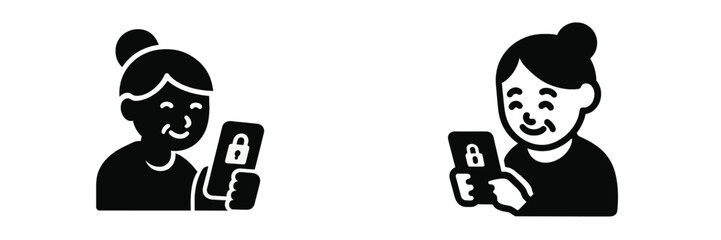 Set of icons with a senior woman holding a smartphone with a security lock symbol, representing mobile safety, digital privacy, and online protection for the elderly