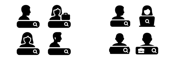Set of black glyph icons for searching people, employees, and candidates for a job, recruitment and human resources concept