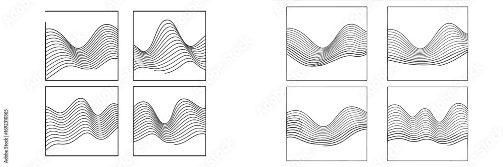 Poster set of abstract wavy line patterns with optical illusion effect in black and white for modern geomet
