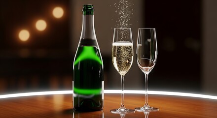 Celebratory Toast - Champagne Bottle and Sparkling Glasses on Table.