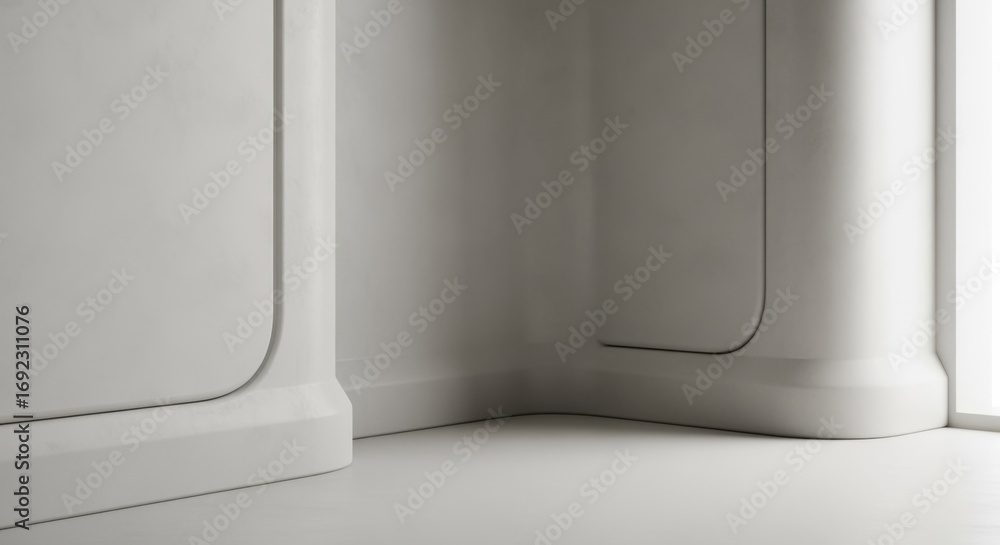 Poster minimalist room corner with pristine limeplaster curved edges emphasizing seamless architectural fin