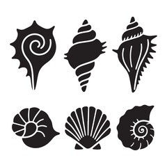 Collection of Detailed Seashell Silhouettes in Black and White Illustration.