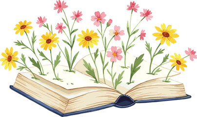 Open book with blooming flowers illustration, creative floral design, botanical growth concept, fantasy nature art, education knowledge inspiration background