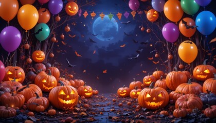 Nighttime Halloween scene with numerous pumpkins and balloons along a path to a glowing center.