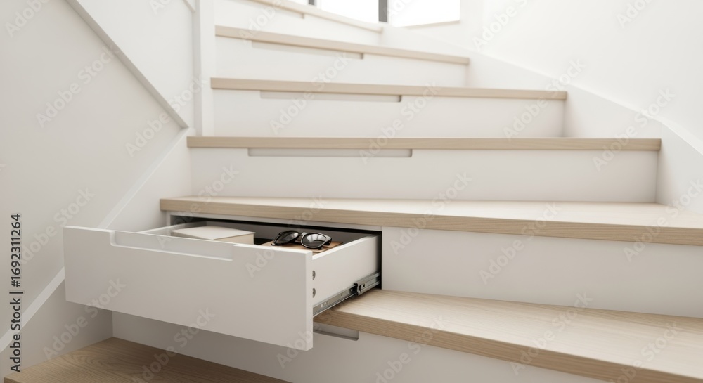 Poster minimalist white staircase featuring pushtoopen hidden drawers creating a streamlined look while off