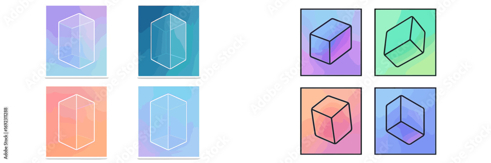 Poster modern icon set with abstract geometric shapes like cubes and prisms on colorful gradient background