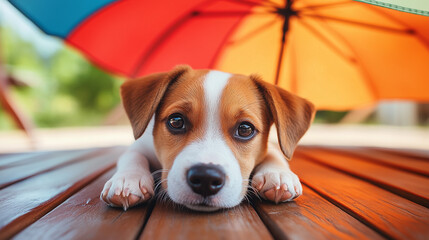 Cute puppy lying under colorful umbrella on wooden surface
