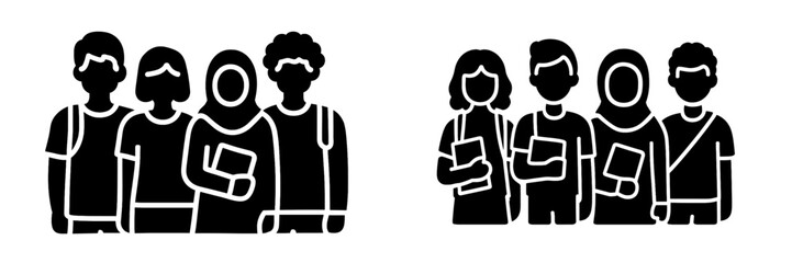 Diverse group of students glyph icons for education and school concepts, black silhouette symbols of multicultural classmates standing together