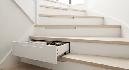 Minimalist white staircase featuring pushtoopen hidden drawers creating a streamlined look while offering concealed storage for everyday items.