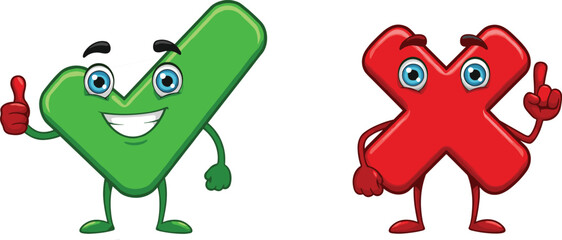 Cartoon green check mark and red cross character with eyes and hands, correct and wrong symbol, approval rejection decision choice icon