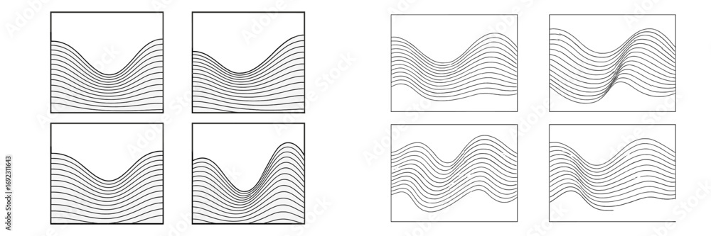 Poster set of abstract geometric backgrounds with distorted wavy lines creating an optical illusion of move