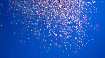 Colorful confetti falling dynamically against a solid blue background, conveying a sense of joyful celebration.