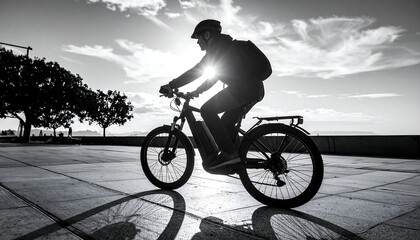 Silhouette of cyclist on e-bike, sunlit path