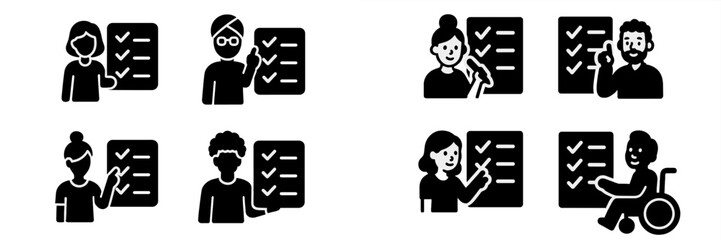 Diverse people completing tasks on a checklist solid glyph icon set for business and personal organization