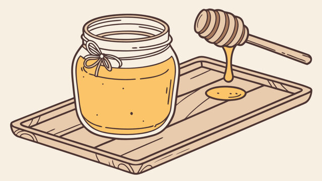 honey jar, dipper, wooden tray, yellow liquid clip art preview