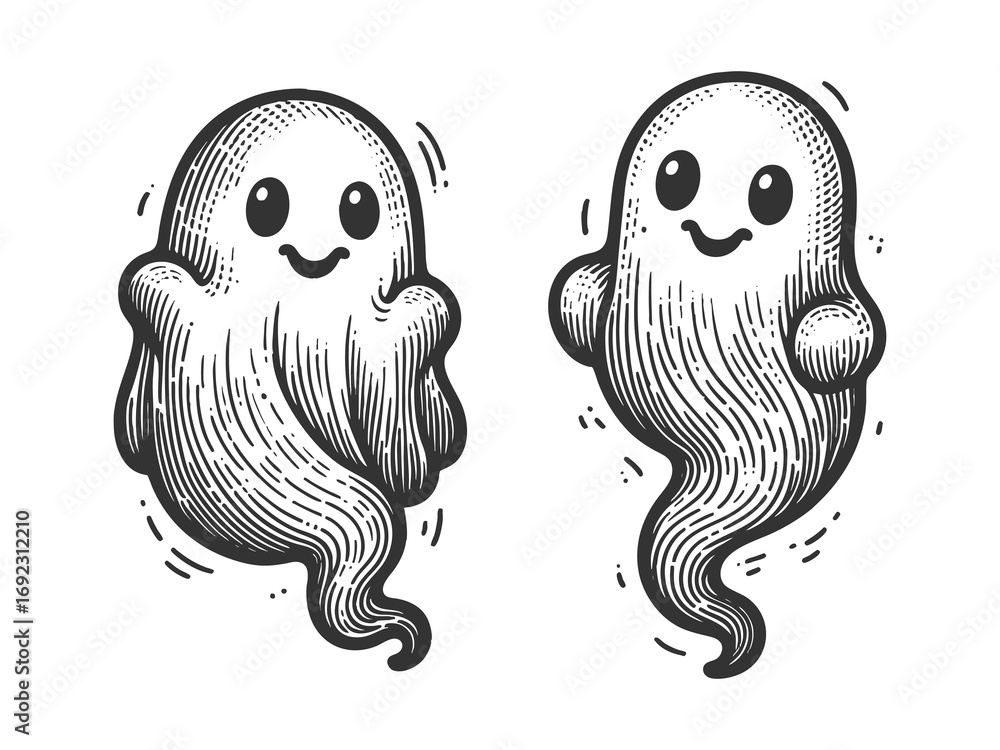 Poster smiling cartoon cute ghost floating with sparkles, symbolizing a playful and friendly halloween them