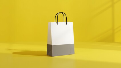 Minimalist white and gray paper shopping bag on yellow background