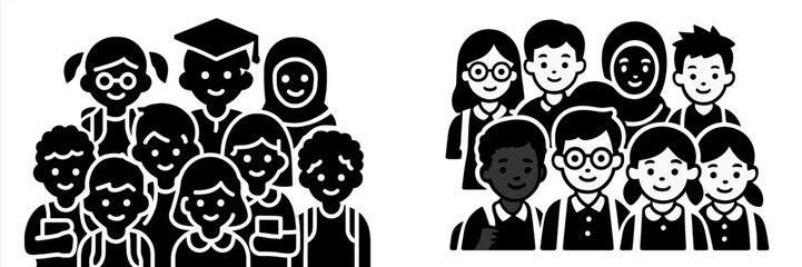 Black and white images of diverse student groups and children for education, school class photos, and multicultural community concepts