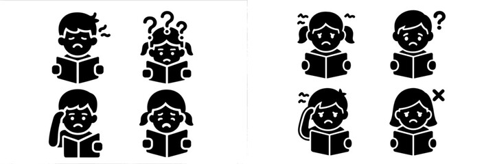 Children with learning disabilities showing confusion and stress while reading a book for special education concepts