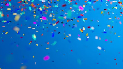 Colorful confetti falling dynamically against a solid blue background, conveying a sense of joyful celebration.