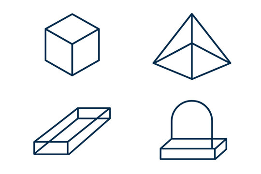 Isometric geometric figures including a cube, square pyramid, and other polygonal shapes in a minimalist outline style