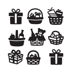 Set of black silhouettes of various gift baskets on a white background.