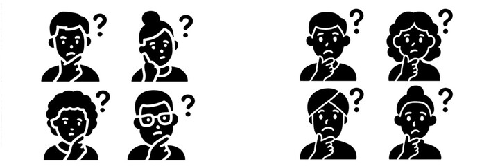 Set of diverse people icons with question marks showing confusion, doubt, and contemplation. Black and white glyphs of men and women thinking or asking questions