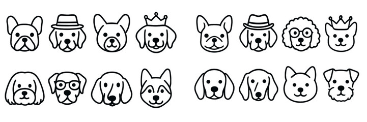 Set of cute dog face icons in a simple black and white line art style with various breeds and accessories © icon_art