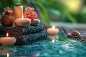 serene spa setting with candles, towels, and flowers on the table. a tranquil background of water in an outdoor pool adds to the peaceful atmosphere, perfect for promoting massage or beauty services