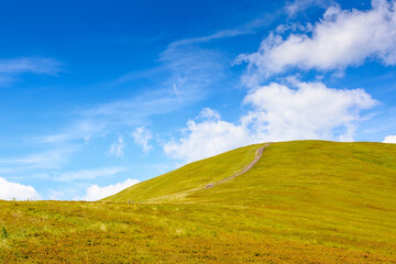 path for mountain tourism in summer. alpine landscape of ukraine. beautiful scenery of borzhava ridge with green hills under blue sky with clouds